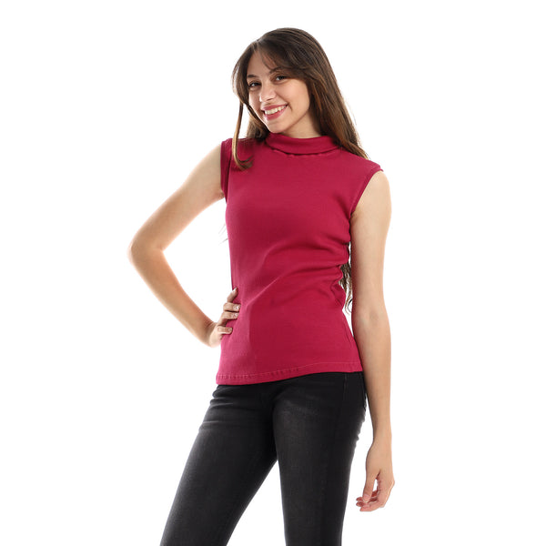 Hips Length Ful Ribbed Fuchsia High Neck Top