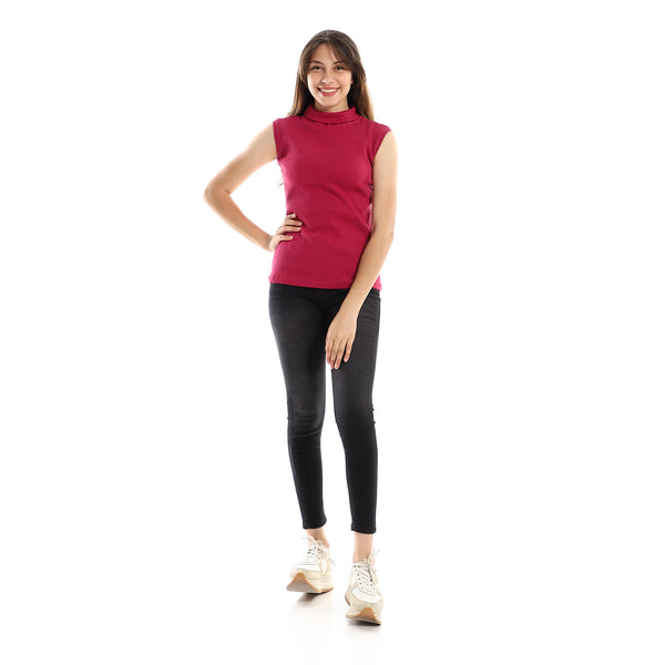 Hips Length Ful Ribbed Fuchsia High Neck Top