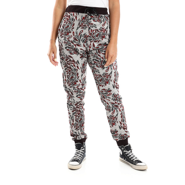Elastic Waist Patterned Heather Grey & Dark Red Pants