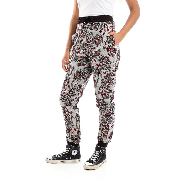 Elastic Waist Patterned Heather Grey & Dark Red Pants