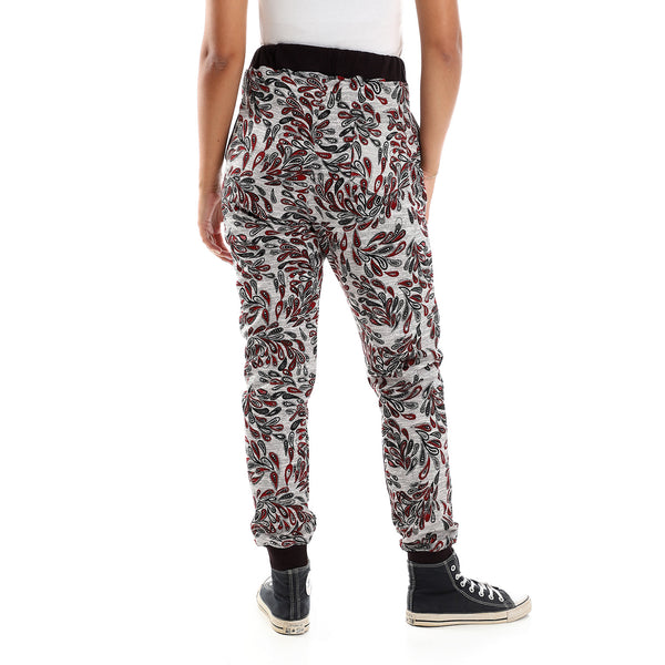 Elastic Waist Patterned Heather Grey & Dark Red Pants