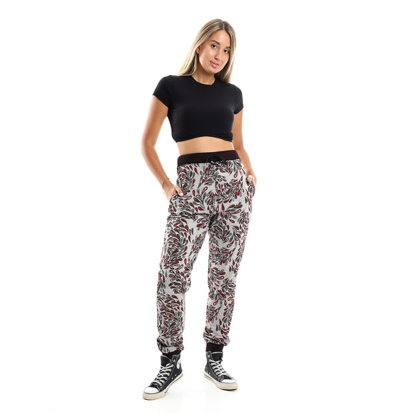 Elastic Waist Patterned Heather Grey & Dark Red Pants