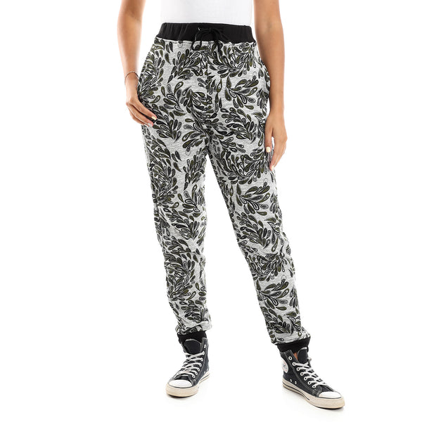Patterned Regular Pants With Hem - Heather Grey & Dark Olive