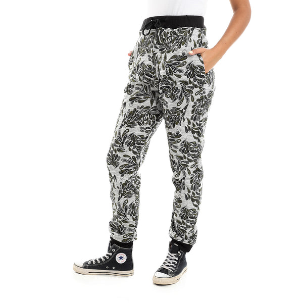 Patterned Regular Pants With Hem - Heather Grey & Dark Olive
