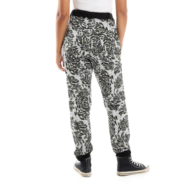 Patterned Regular Pants With Hem - Heather Grey & Dark Olive