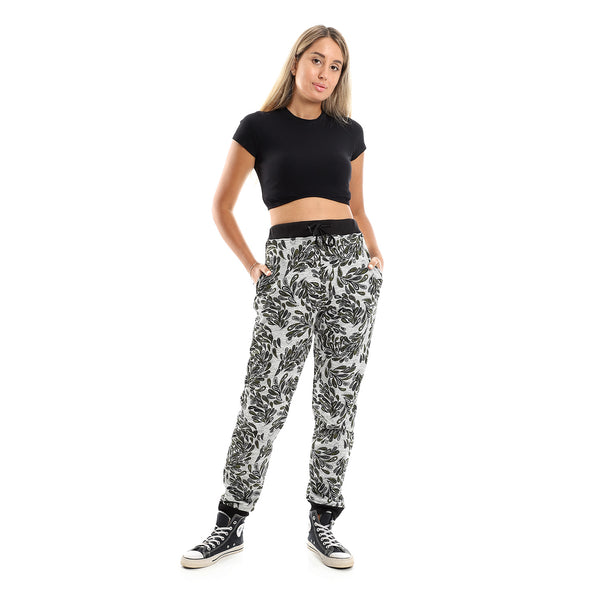 Patterned Regular Pants With Hem - Heather Grey & Dark Olive