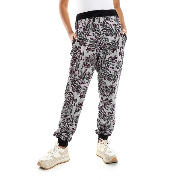 Cotton Pants With Side Pockets - Heather Grey & Dark Purple