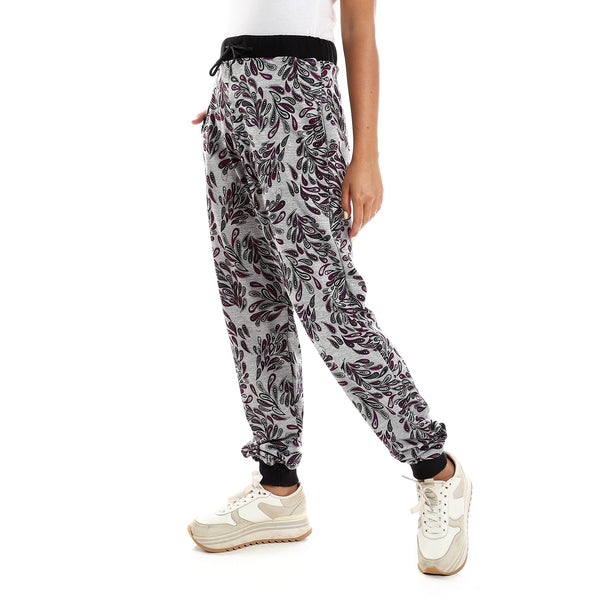 Cotton Pants With Side Pockets - Heather Grey & Dark Purple