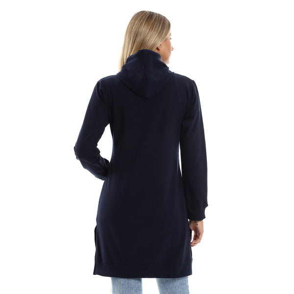 Navy Blue Hooded Neck With Drawstring Long Hoodie