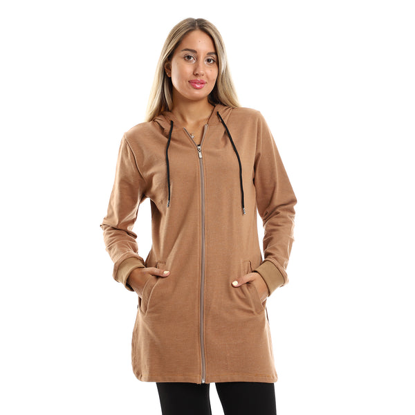 Solid Long Sleeves Light Brown Zipped Sweatshirt