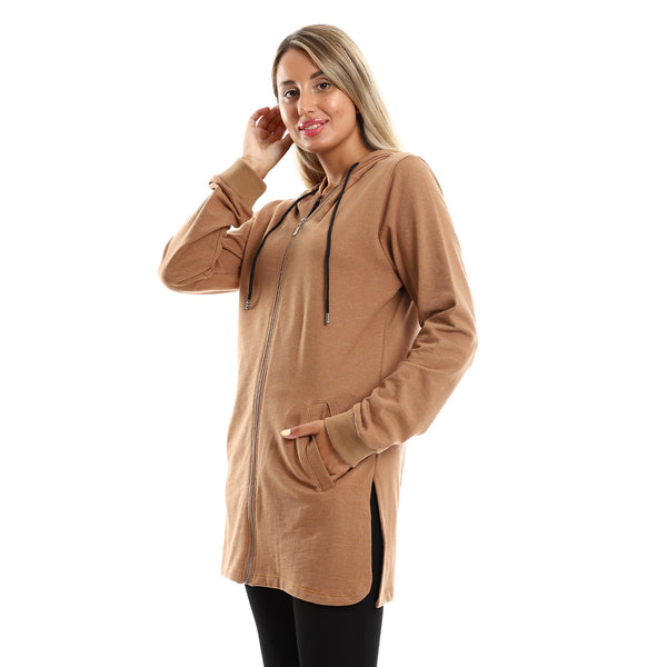Solid Long Sleeves Light Brown Zipped Sweatshirt