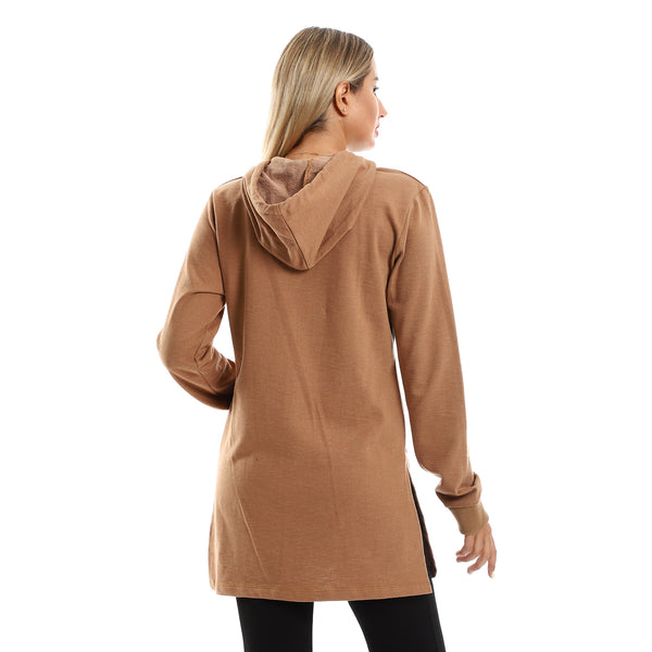 Solid Long Sleeves Light Brown Zipped Sweatshirt