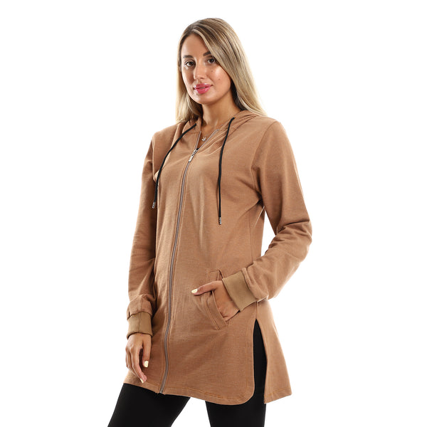 Solid Long Sleeves Light Brown Zipped Sweatshirt