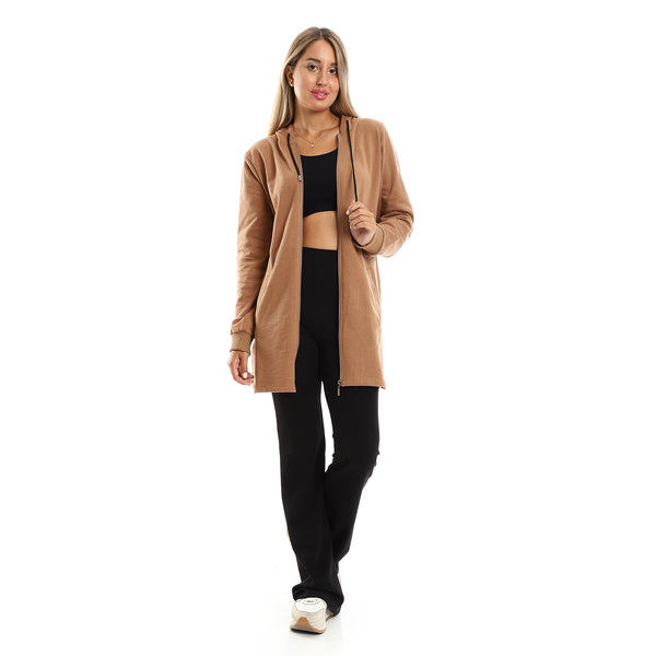 Solid Long Sleeves Light Brown Zipped Sweatshirt
