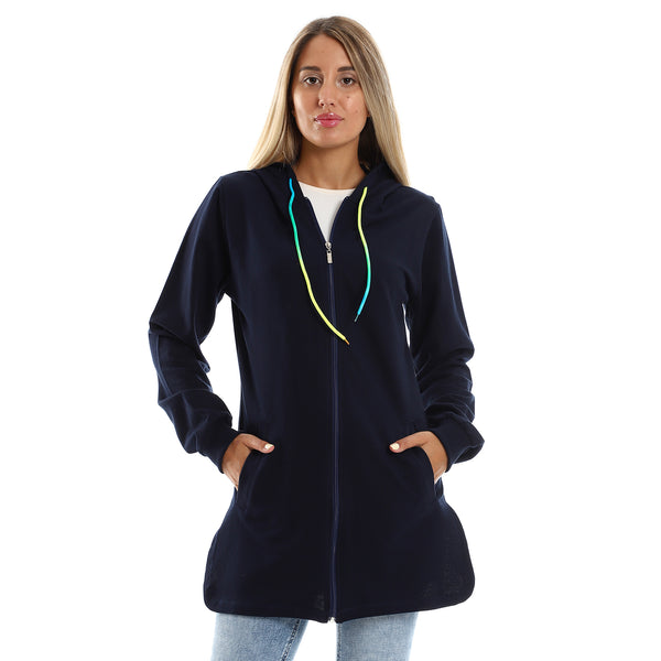 Navy Blue Hooded Neck With Drawstring Long Sweatshirt