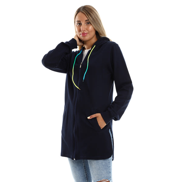 Navy Blue Hooded Neck With Drawstring Long Sweatshirt