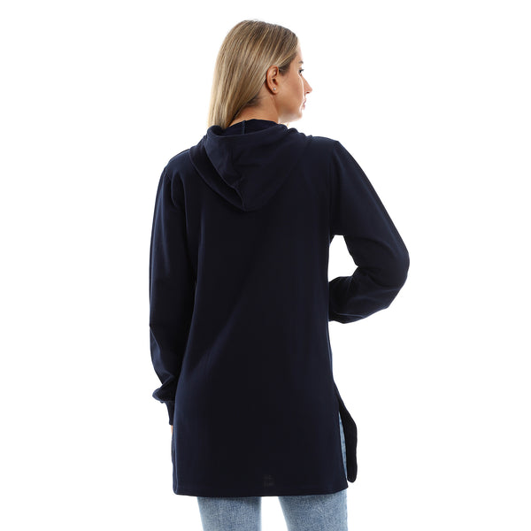 Navy Blue Hooded Neck With Drawstring Long Sweatshirt