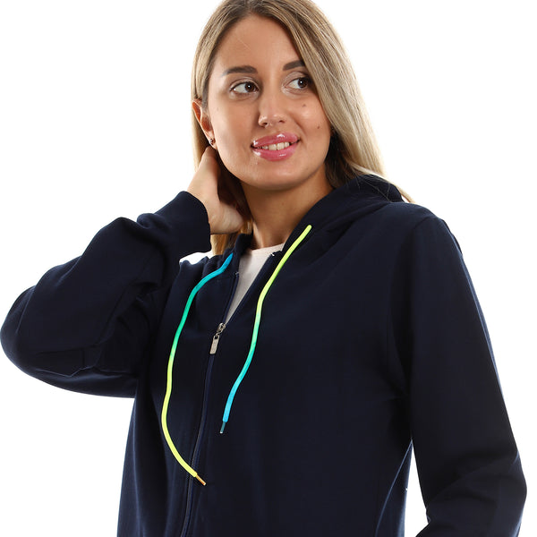 Navy Blue Hooded Neck With Drawstring Long Sweatshirt