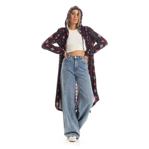 Full Buttoned Hooded Long Shirt - Black & Pink