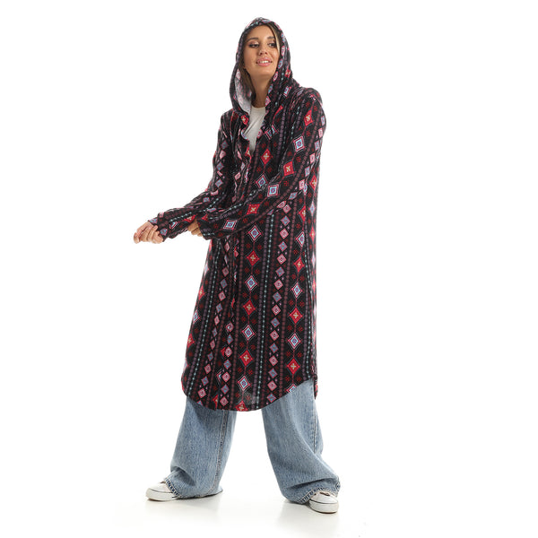 Full Buttoned Hooded Long Shirt - Black & Pink