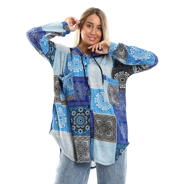 Full Buttons Patterned Hooded Neck Shirt - Sky Blue & Blue