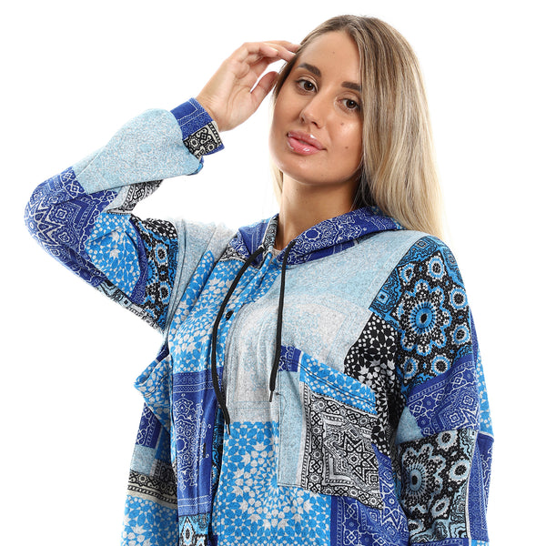 Full Buttons Patterned Hooded Neck Shirt - Sky Blue & Blue
