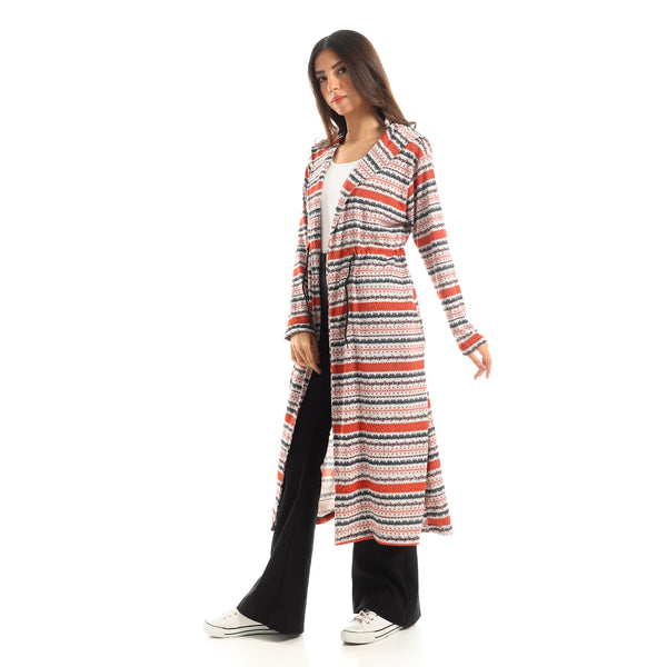 Multicolour Open Neckline Patterned Cardigan
