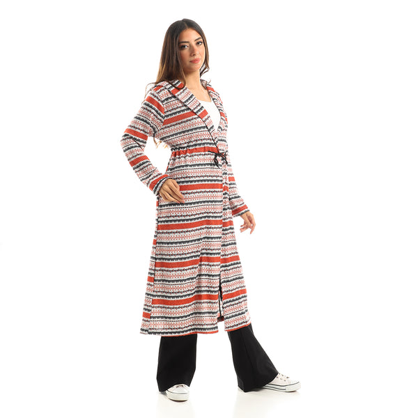 Multicolour Open Neckline Patterned Cardigan