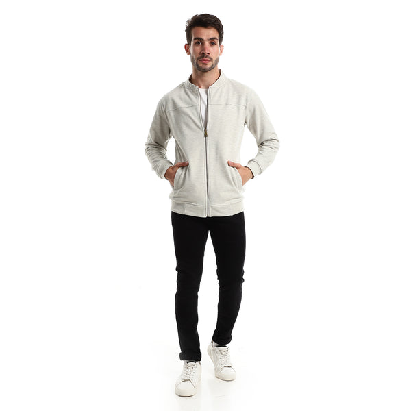Mandarin Neck Zipped Heather Grey Jacket