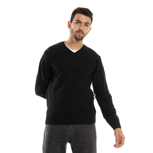V-Neck Regular Fit Black Knitted Pullover
