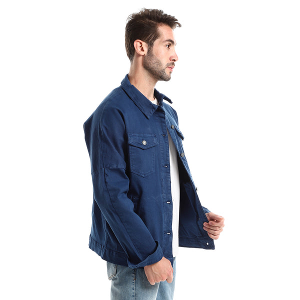 Light Navy Blue Gabardine Casual Jacket With Classic Collar