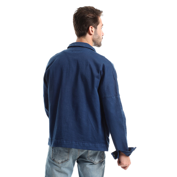 Light Navy Blue Gabardine Casual Jacket With Classic Collar