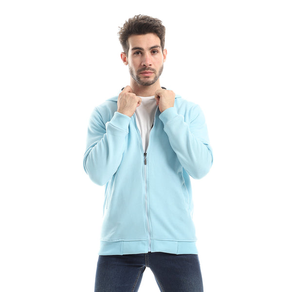 Ribbed Detailed Hooded Zipped Sweatshirt - Baby Blue