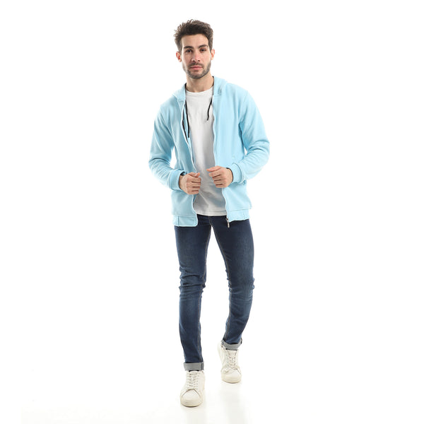 Ribbed Detailed Hooded Zipped Sweatshirt - Baby Blue