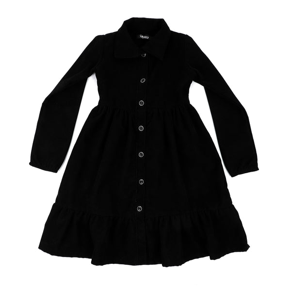 Tiered Velvet Dress With Silver Buttons - Black