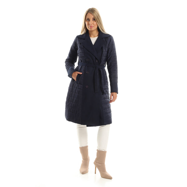 Notched Lapel Polyester & Gogh Long Coat - Navy Blue