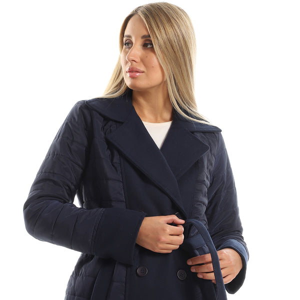 Notched Lapel Polyester & Gogh Long Coat - Navy Blue