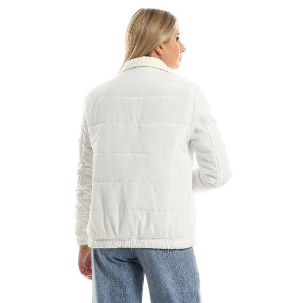 Double Breast Fur Collar Bomber Jacket - White