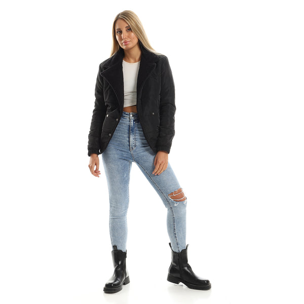 Double Breast Fur Collar Bomber Jacket - Black