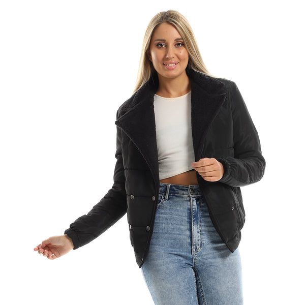 Double Breast Fur Collar Bomber Jacket - Black