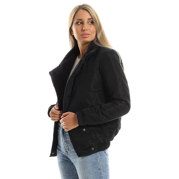 Double Breast Fur Collar Bomber Jacket - Black