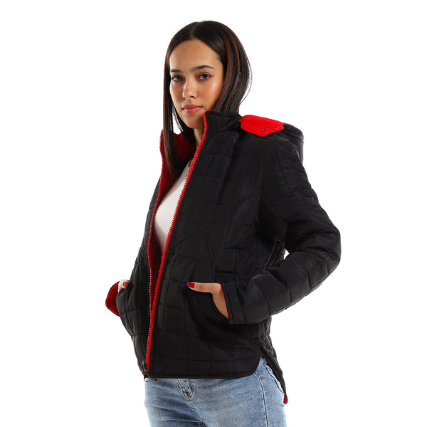 Quilted Hooded Double Face Jacket - Black & Red