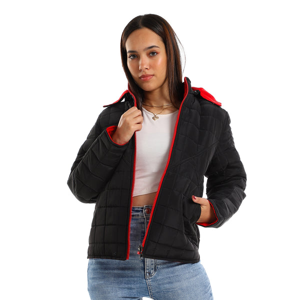 Quilted Hooded Double Face Jacket - Black & Red