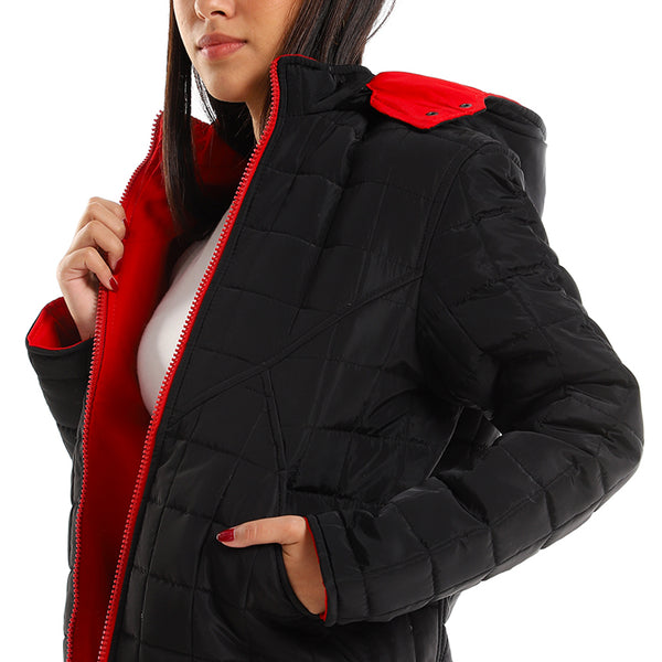 Quilted Hooded Double Face Jacket - Black & Red