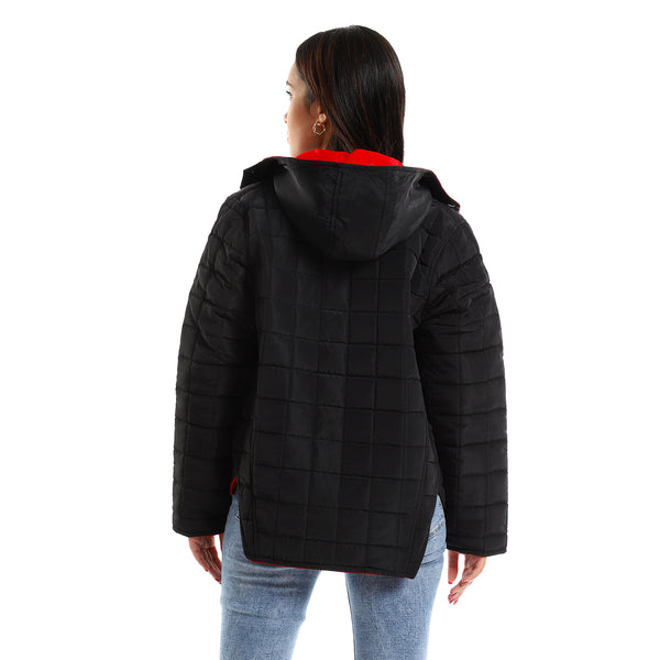 Quilted Hooded Double Face Jacket - Black & Red