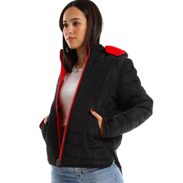 Quilted Hooded Double Face Jacket - Black & Red