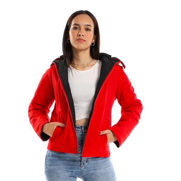 Quilted Hooded Double Face Jacket - Black & Red