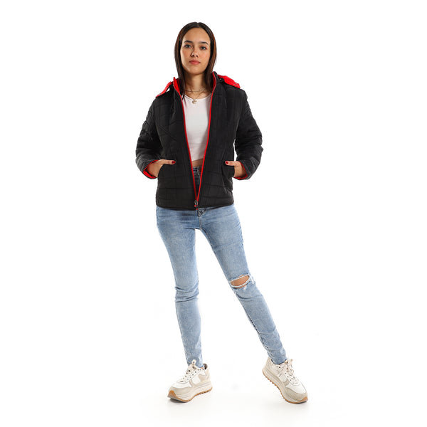 Quilted Hooded Double Face Jacket - Black & Red