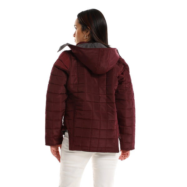 Quilted Hooded Double Face Jacket - Grey & Burgundy