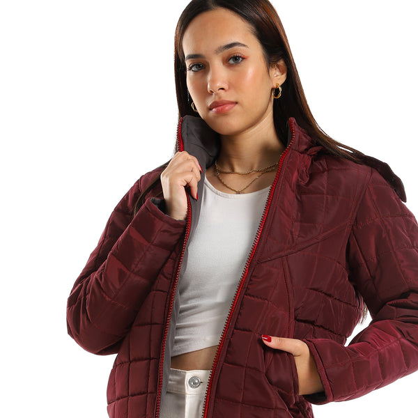 Quilted Hooded Double Face Jacket - Grey & Burgundy